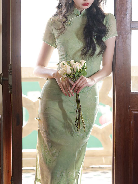 2024 Summer Green Floral Print Cheongsam Qipao Dress
