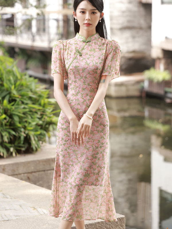 Pink Floral Chiffon Flutter Sleeve Cheongsam Qipao Dress