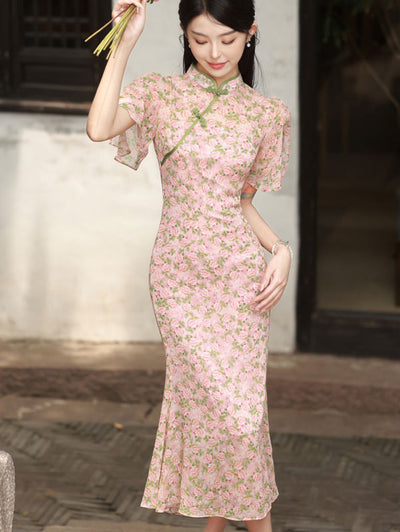 Pink Floral Chiffon Flutter Sleeve Cheongsam Qipao Dress