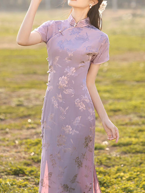 2024 Purple Jacquard Floral Cheongsam Qipao Dress