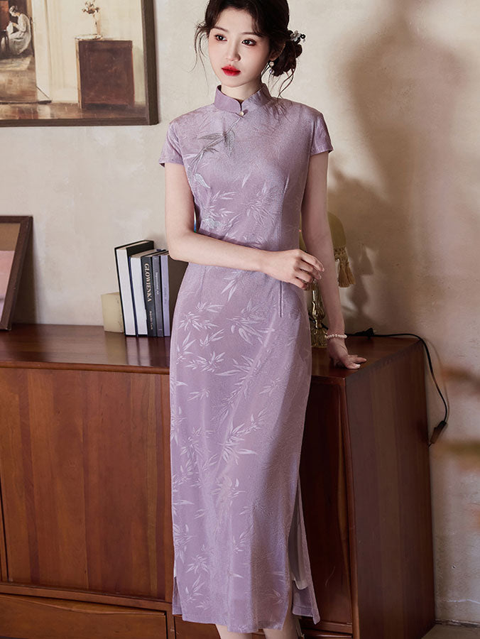 2024 Purple Jacquard Floral Cheongsam Qipao Dress