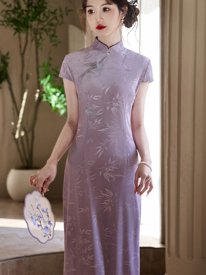 2024 Purple Jacquard Floral Cheongsam Qipao Dress