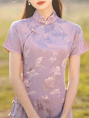 2024 Purple Jacquard Floral Cheongsam Qipao Dress