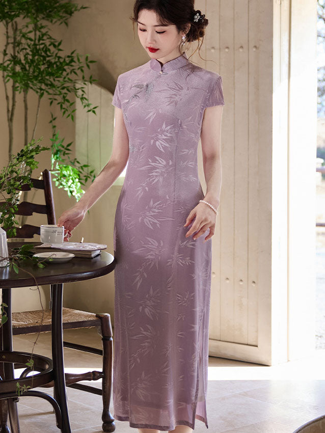 2024 Purple Jacquard Floral Cheongsam Qipao Dress