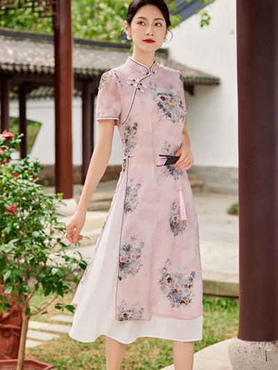 Pink Blue Floral Print AoDai A-Line Cheongsam Dress