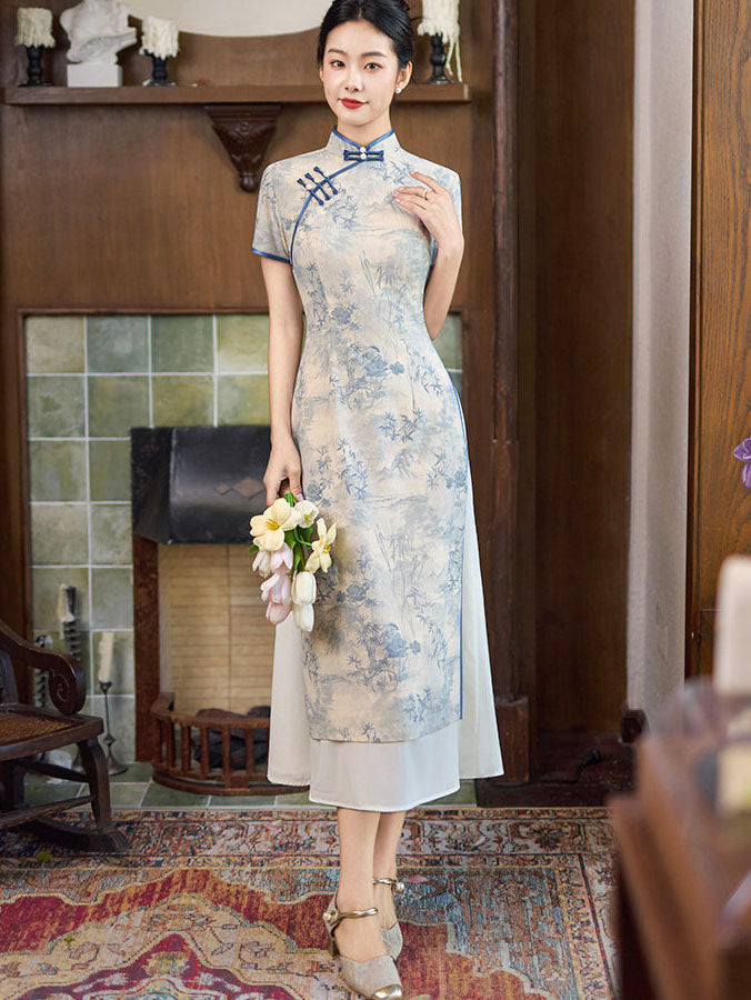 Blue Floral Print AoDai A-Line Cheongsam Dress