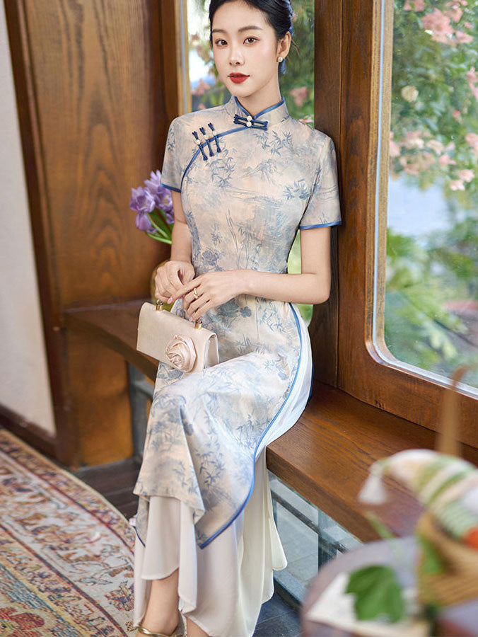 Blue Floral Print AoDai A-Line Cheongsam Dress