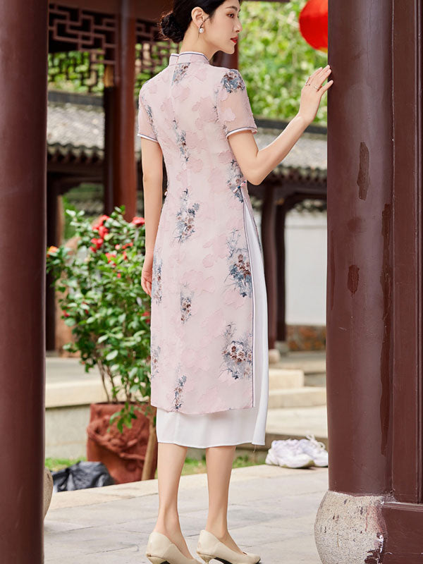 Pink Blue Floral Print AoDai A-Line Cheongsam Dress