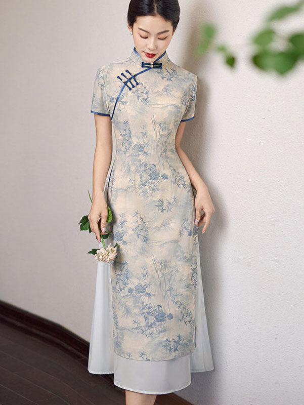 Blue Floral Print AoDai A-Line Cheongsam Dress