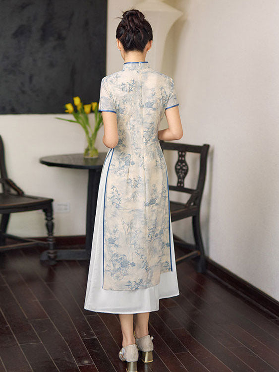 Blue Floral Print AoDai A-Line Cheongsam Dress