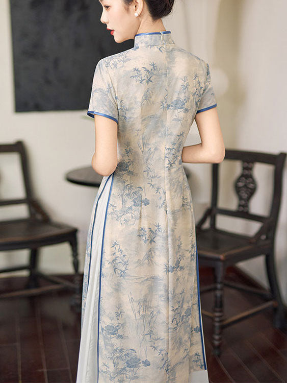 Blue Floral Print AoDai A-Line Cheongsam Dress