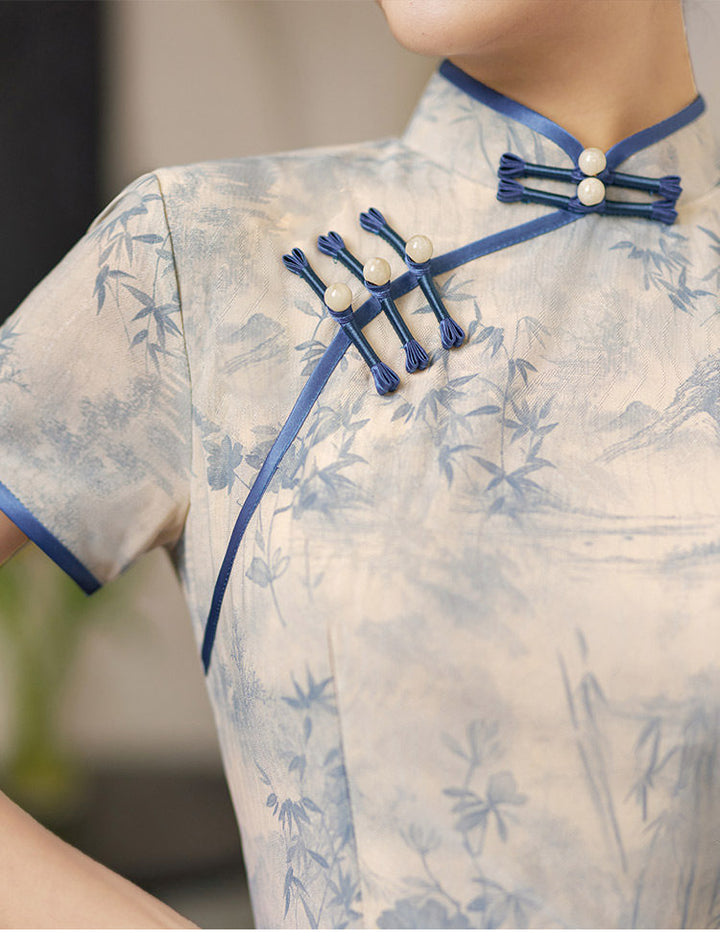 Blue Floral Print AoDai A-Line Cheongsam Dress