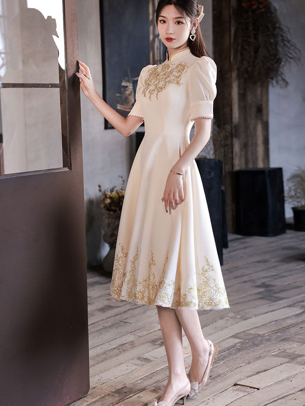 Champagne Midi A-Line Appliques Cheongsam Prom Dress
