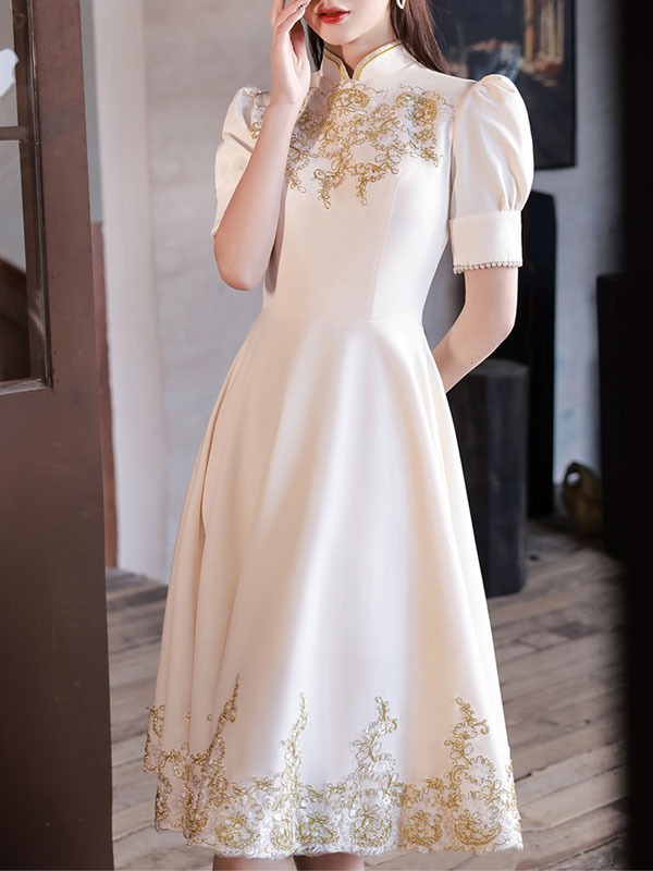 Champagne Midi A-Line Appliques Cheongsam Prom Dress