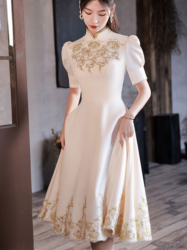 Champagne Midi A-Line Appliques Cheongsam Prom Dress