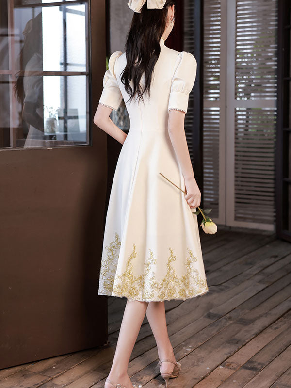Champagne Midi A-Line Appliques Cheongsam Prom Dress