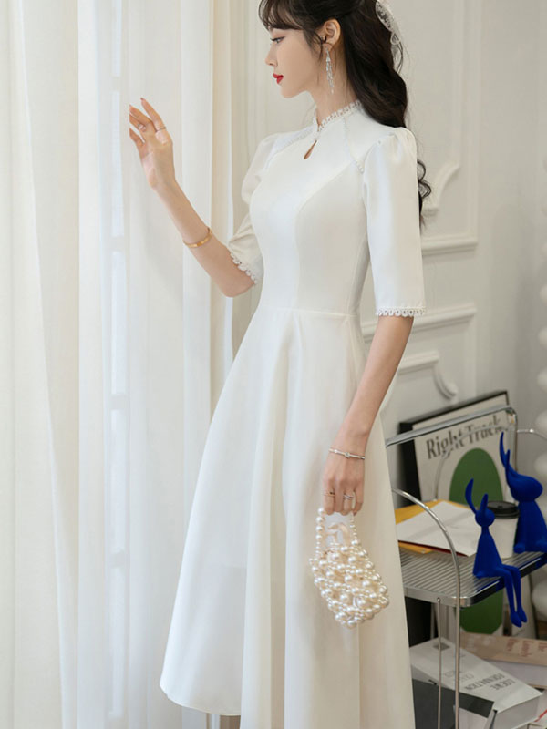 White Midi A-Line Engagement Wedding Bride Cheongsam Dress