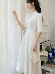 White Midi A-Line Engagement Wedding Bride Cheongsam Dress