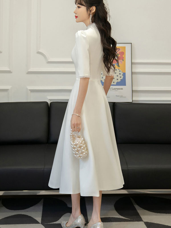 White Midi A-Line Engagement Wedding Bride Cheongsam Dress