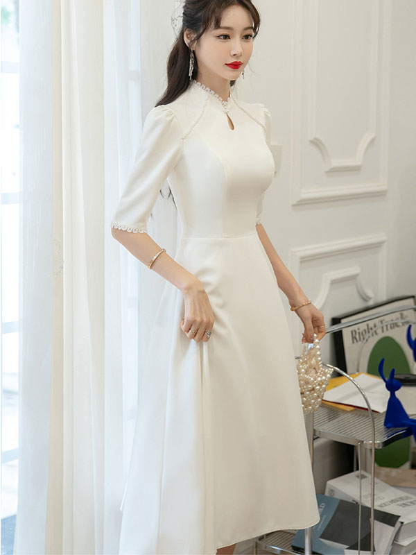White Midi A-Line Engagement Wedding Bride Cheongsam Dress
