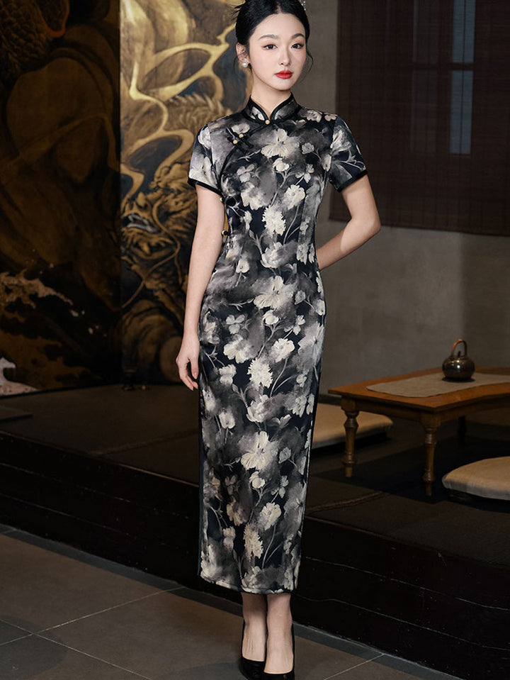 Black Floral Print Mothers Cheongsam Qipao Dress