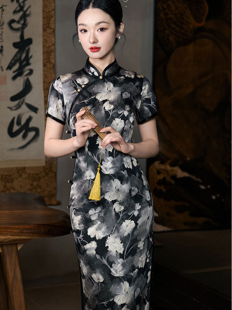 Black Floral Print Mothers Cheongsam Qipao Dress