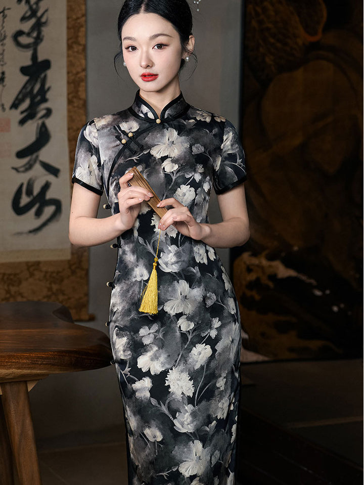 Black Floral Print Mothers Cheongsam Qipao Dress