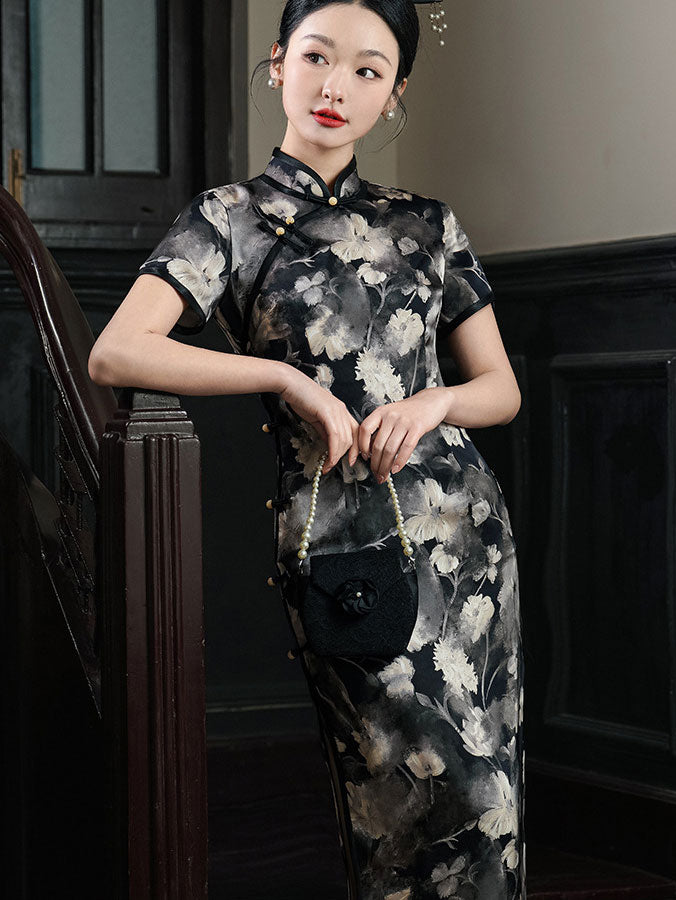 Black Floral Print Mothers Cheongsam Qipao Dress