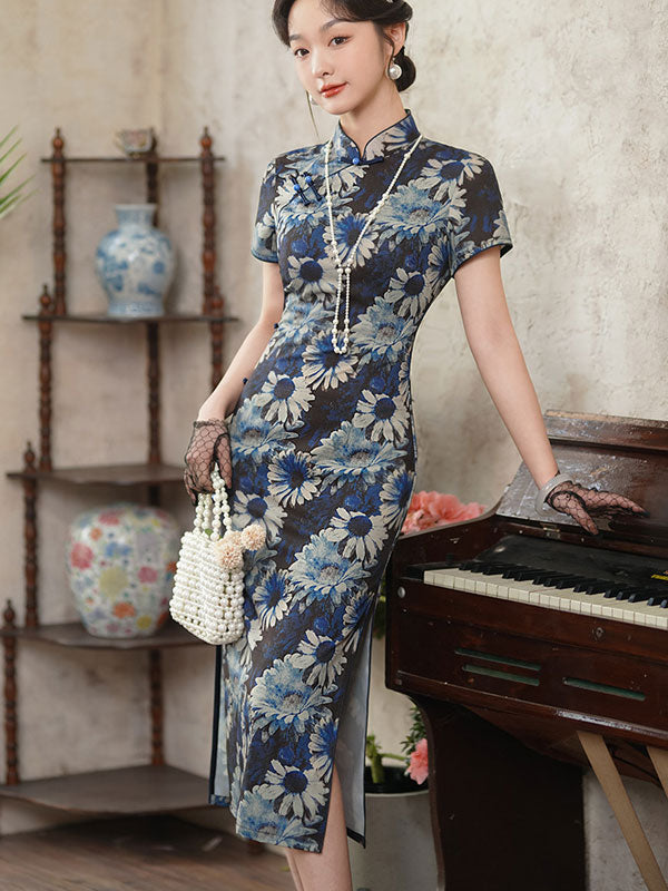 2024 Floral Print Mothers Cheongsam Qipao Dress