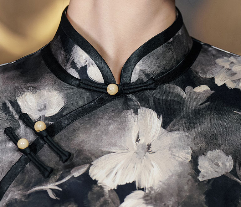 Black Floral Print Mothers Cheongsam Qipao Dress