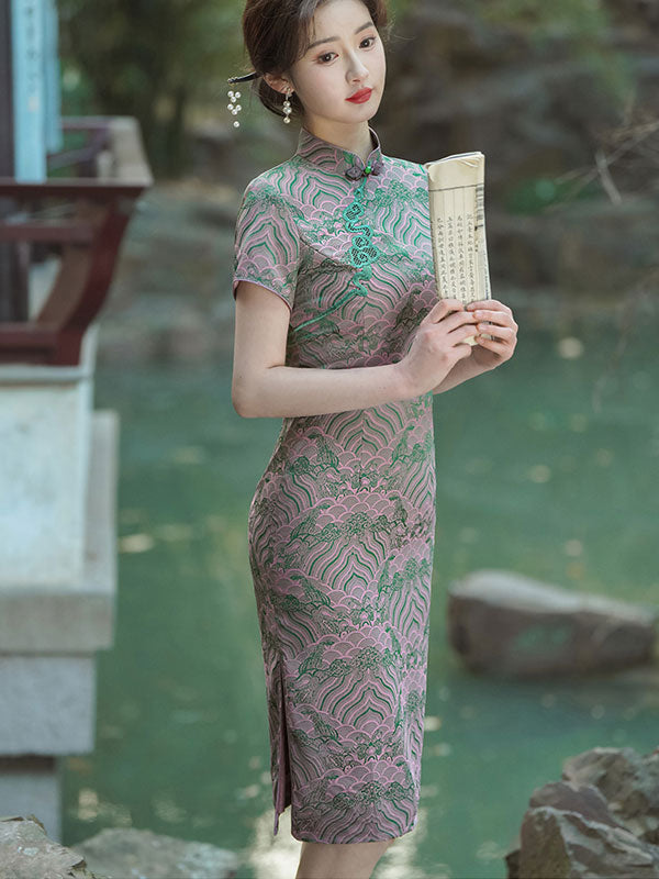 2024 Vintage Jacquard Midi Cheongsam Qipao Dress