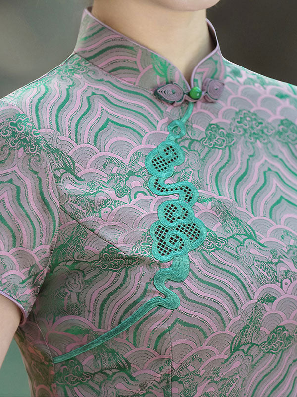 2024 Vintage Jacquard Midi Cheongsam Qipao Dress