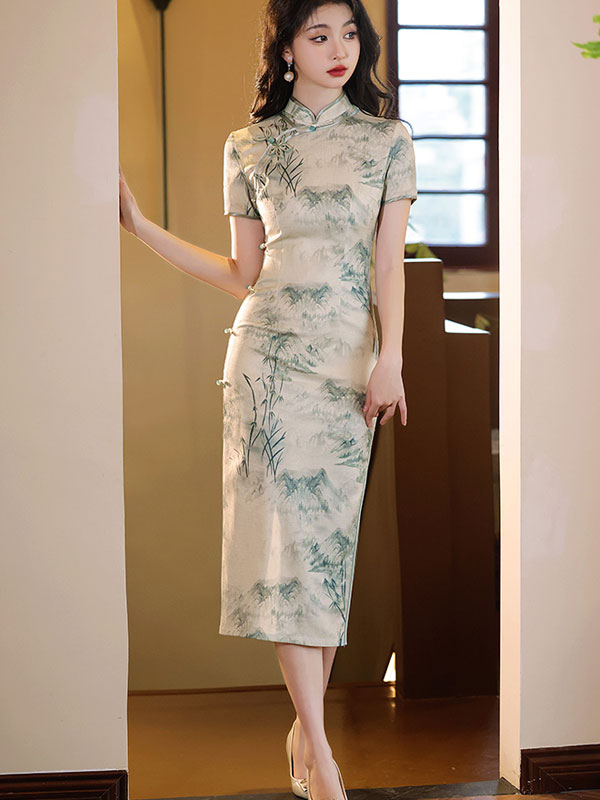 Chinese Painting Print Midi Cheongsam Qipao Dress - IMALLURE XL Chinese Painting Print Midi Cheongsam Qipao Dress - IMALLURE XL