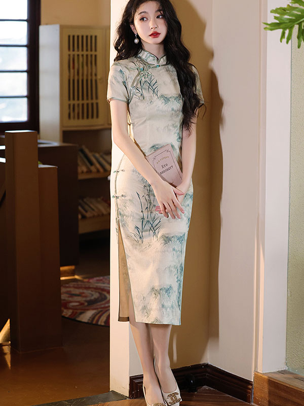 Chinese Painting Print Midi Cheongsam Qipao Dress