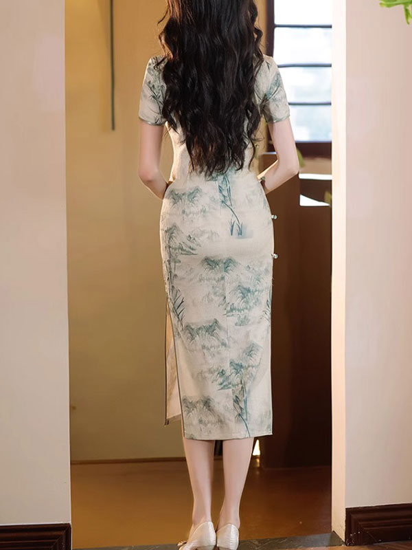 Chinese Painting Print Midi Cheongsam Qipao Dress