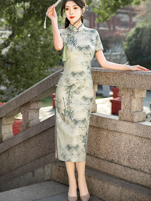 Chinese Painting Print Midi Cheongsam Qipao Dress