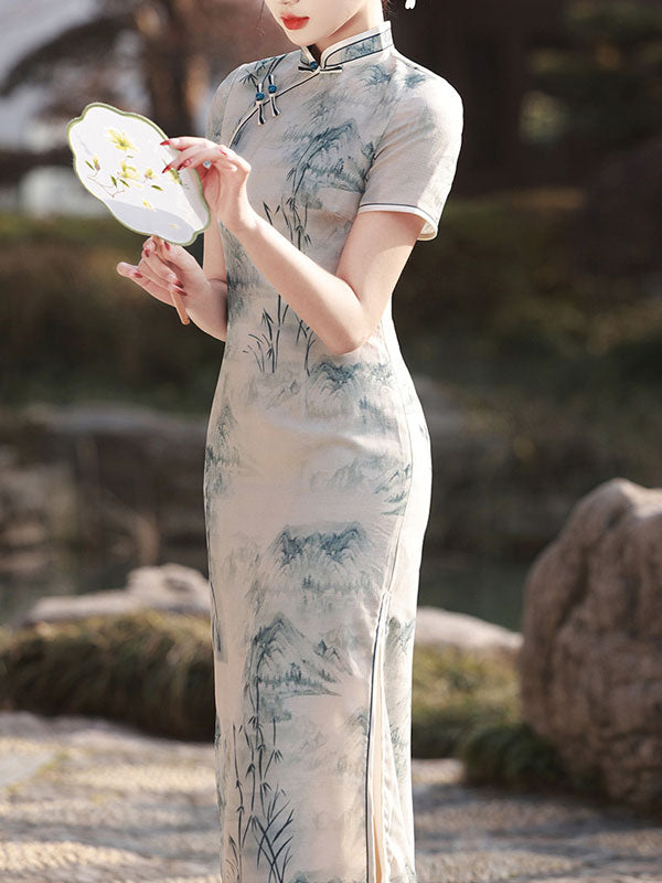 2024 Chinese Painting Print Cheongsam Qipao Dress