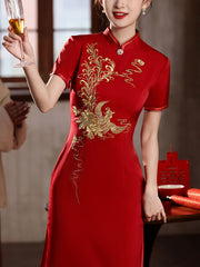 Red Embroidered Phoenix Mothers Wedding Cheongsam Qipao Dress