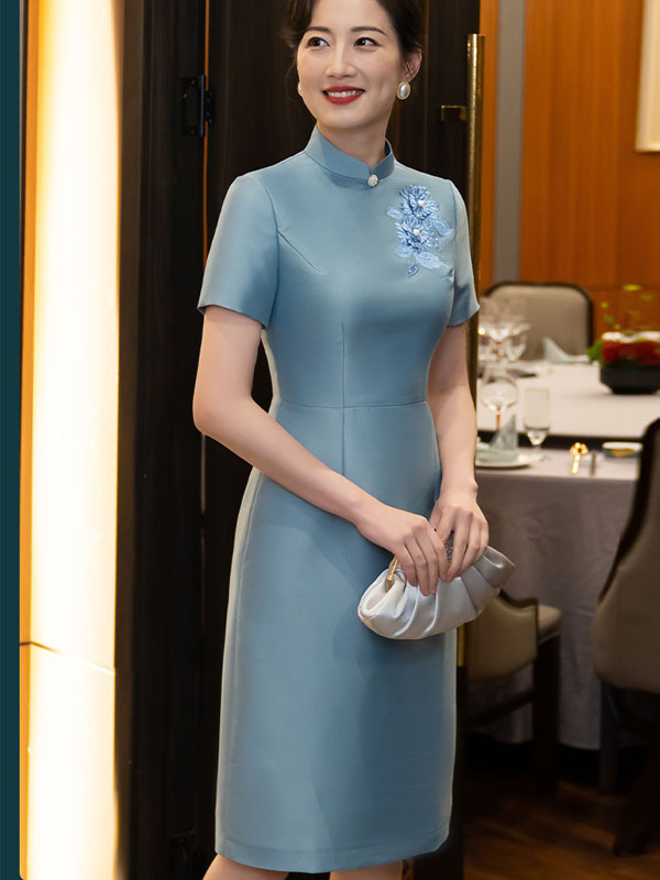 Blue Embroidered Mothers Midi Cheongsam Qipao Dress