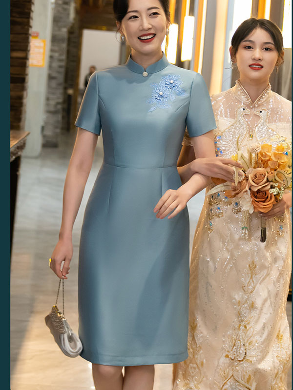 Blue Embroidered Mothers Midi Cheongsam Qipao Dress