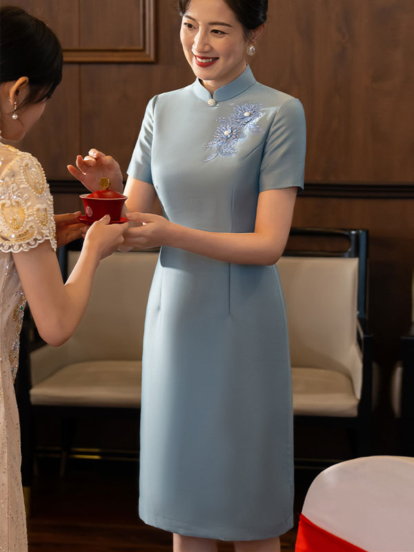 Blue Embroidered Mothers Midi Cheongsam Qipao Dress