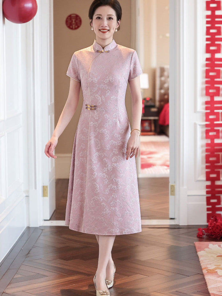 Pink Jacquard Floral Mothers A-Line Cheongsam Qipao Dress
