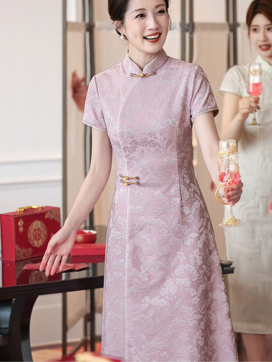 Pink Jacquard Floral Mothers A-Line Cheongsam Qipao Dress