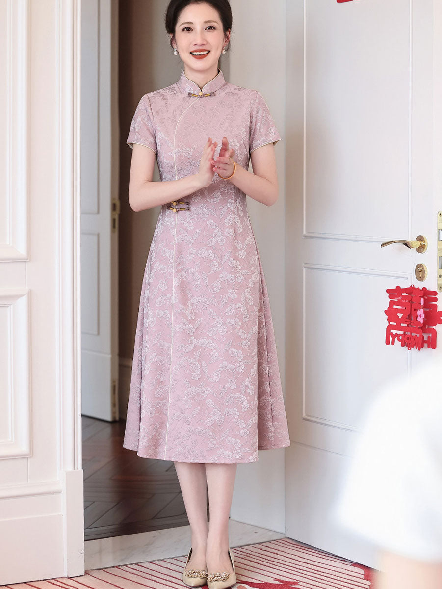 Pink Jacquard Floral Mothers A-Line Cheongsam Qipao Dress