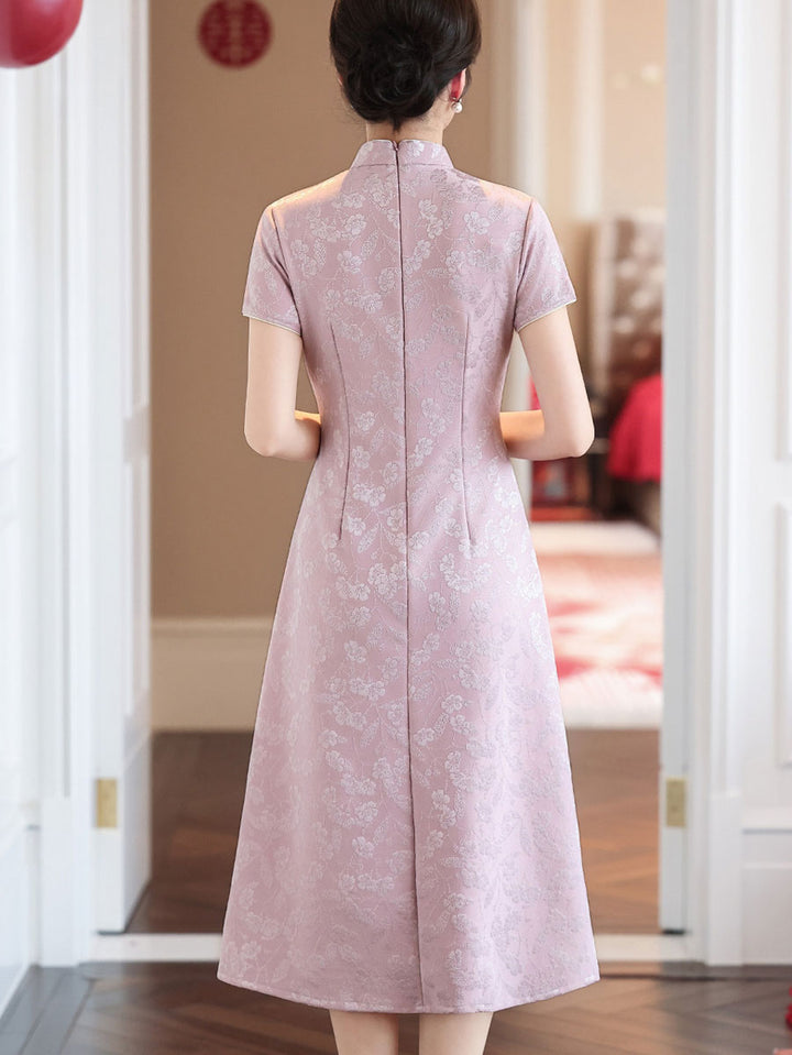 Pink Jacquard Floral Mothers A-Line Cheongsam Qipao Dress