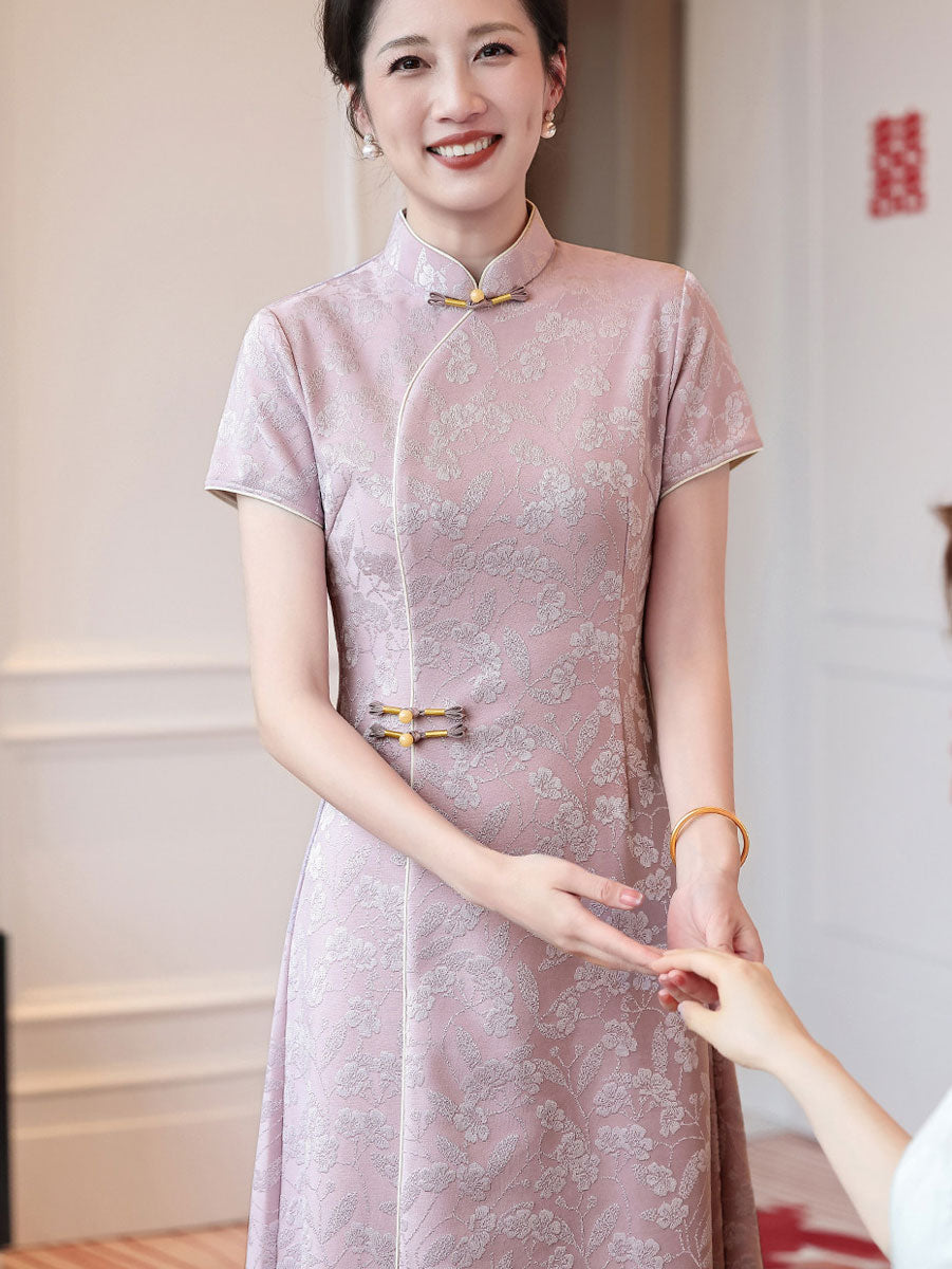 Pink Jacquard Floral Mothers A-Line Cheongsam Qipao Dress
