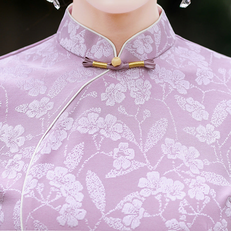 Pink Jacquard Floral Mothers A-Line Cheongsam Qipao Dress
