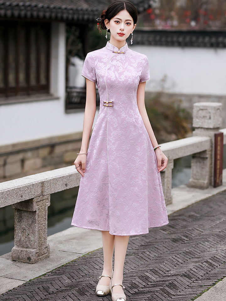 Clearance Pink Jacquard Floral A-Line Cheongsam Qipao Dress