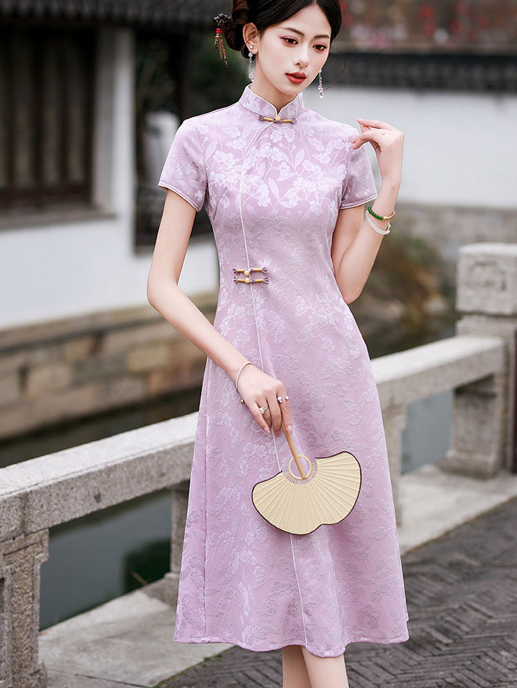 Clearance Pink Jacquard Floral A-Line Cheongsam Qipao Dress