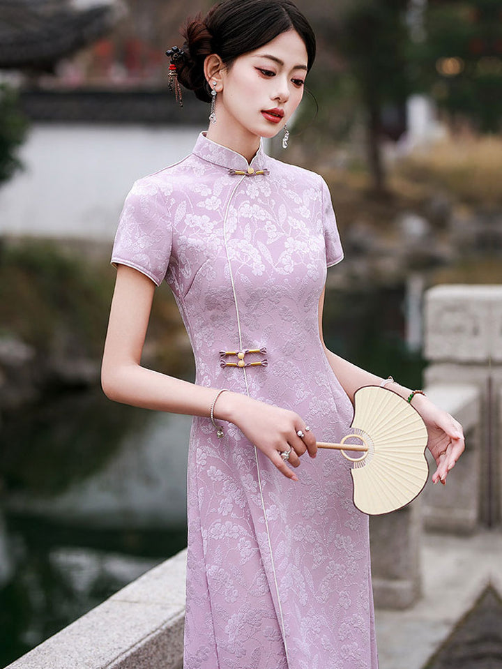 Clearance Pink Jacquard Floral A-Line Cheongsam Qipao Dress